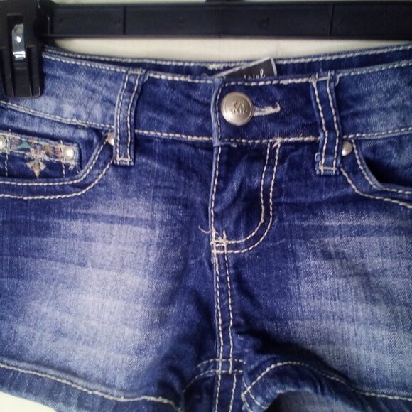 Soundgirl Shorts Juniors 1 Button Pockets Embroidery Rhinestones Denim Blue - Picture 7 of 14